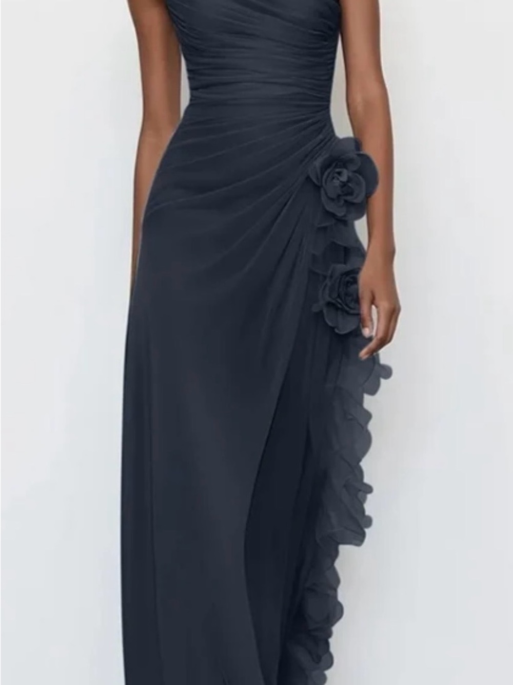 Elegant Navy One-Shoulder Evening Gown with Floral Detail